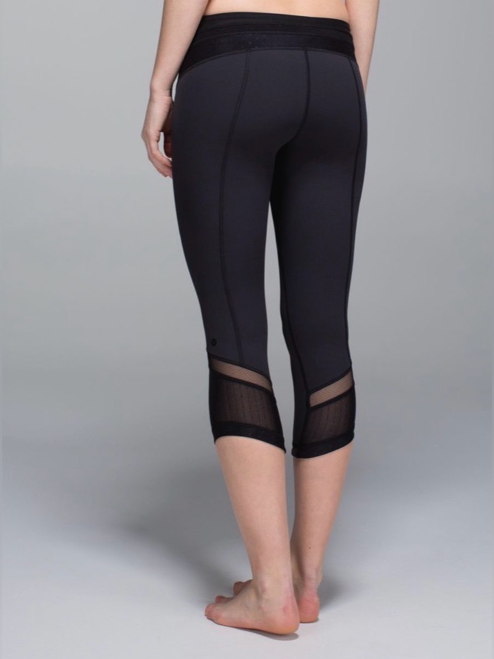 Lululemon Just Breath Cropped Legging Size 10 Black Mesh Panels Polka Dot Yoga